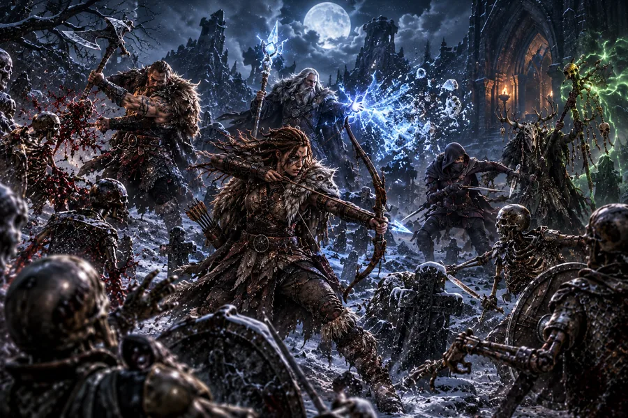 A huntress looses an arrow as the dead climb out of the snow in a moonlit graveyard, a skull-masked Bonesinger and a frost-mage fighting behind her.