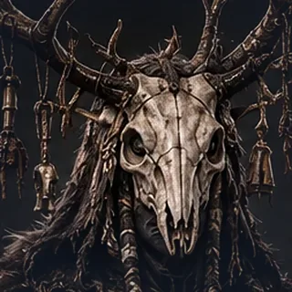 The Bonesinger: an antlered stag skull over a hooded face.