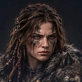 The Fenrikin: a huntress with a wolf pelt over her shoulders.