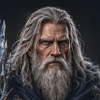 The Rimecaller: a grey-bearded sorcerer in a fur-collared cloak.