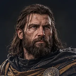 The Runeward: a bearded warden in mail and a bronze-trimmed cloak.