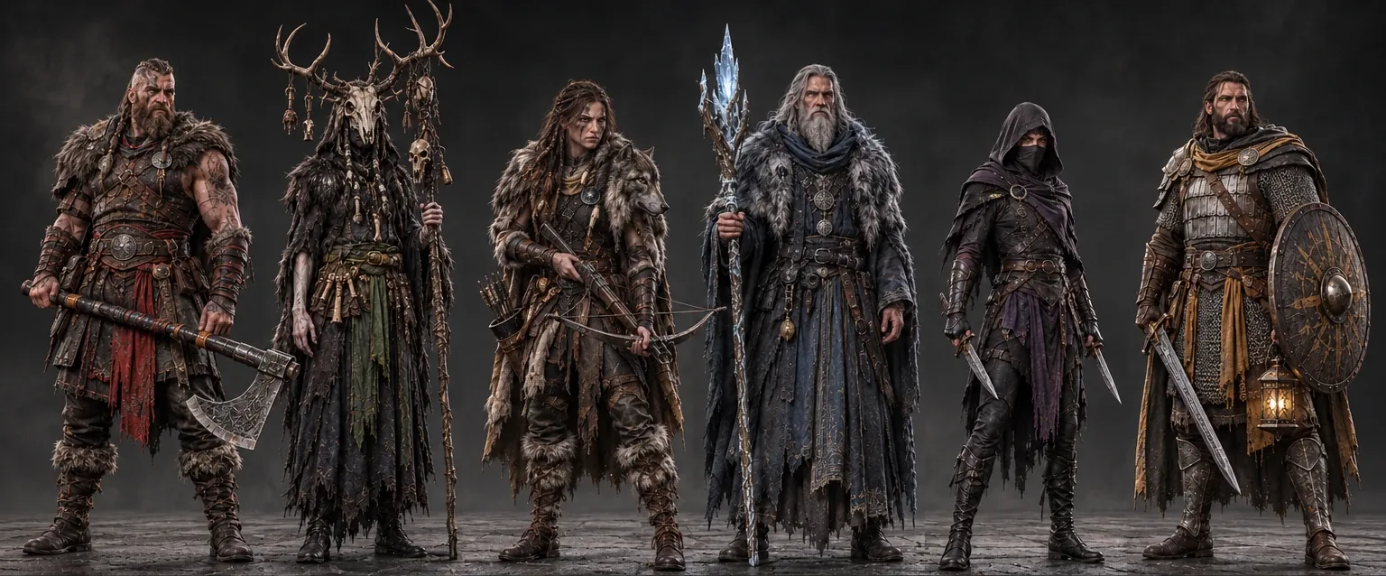 The six classes side by side: Berserkr, Bonesinger, Fenrikin, Rimecaller, Nattfari and Runeward.