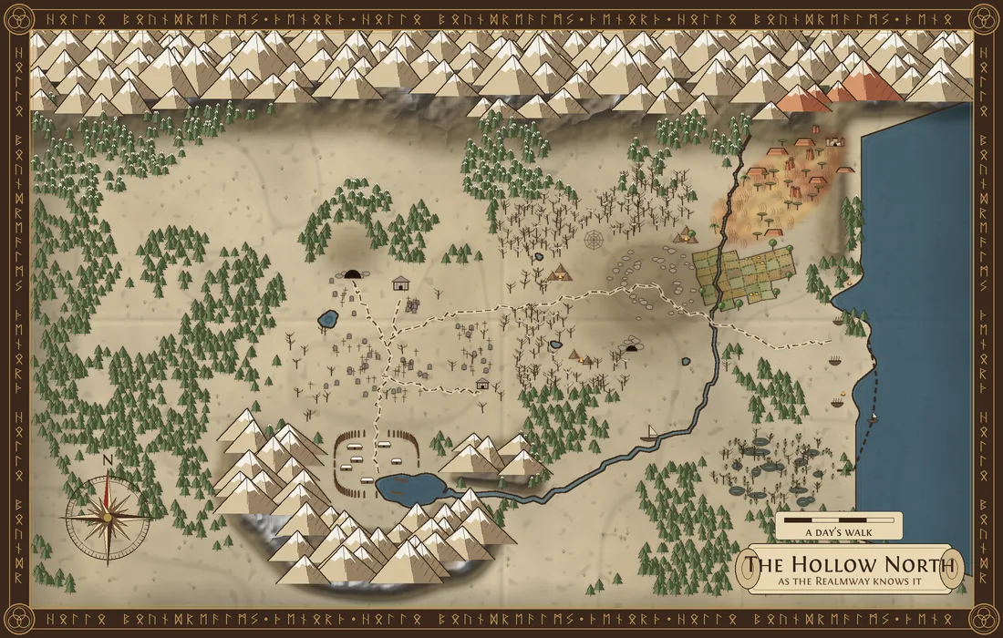 A parchment map of the Hollow North: mountains to the north and south, pinewoods, a lake with Winter Holt, a river running east to the coast, and the fields and red pass in the north-east.