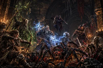 Giant spiders and skeletons swarm heroes in a torch-lit crypt.
