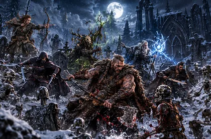 Heroes fight skeletons among the gravestones under a full moon.