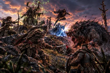 A great maddened bear charges heroes across a rocky rise at dusk, a masked shaman behind it.