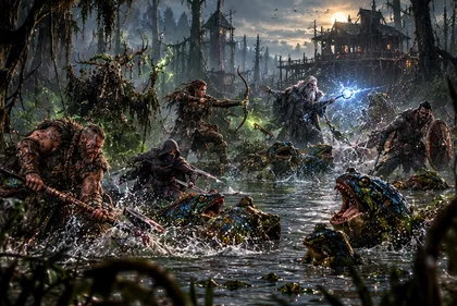 Heroes wade through black swamp water as giant toads rise around them, a stilt house behind.