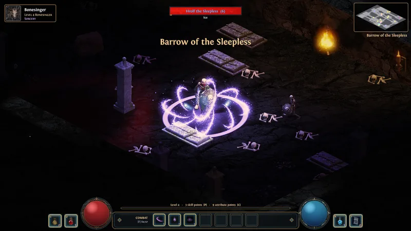 A Bonesinger's violet Soul Pyre erupts among the bones in a dark barrow, the boss's health bar above.