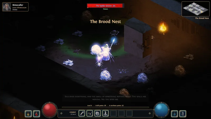 A Rimecaller's lightning leaps over the Spider Queen and her brood in a torch-lit cave.
