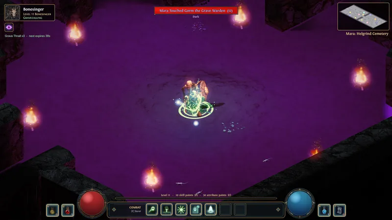 A purple labyrinth arena lit by braziers, where a Bonesinger's raised thralls fight a Mara-Touched boss.