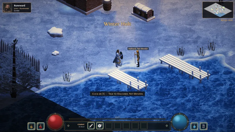 A Runeward on the icy shore of Winter Holt's lake, by a snowy jetty and the net-mender Hallvard.